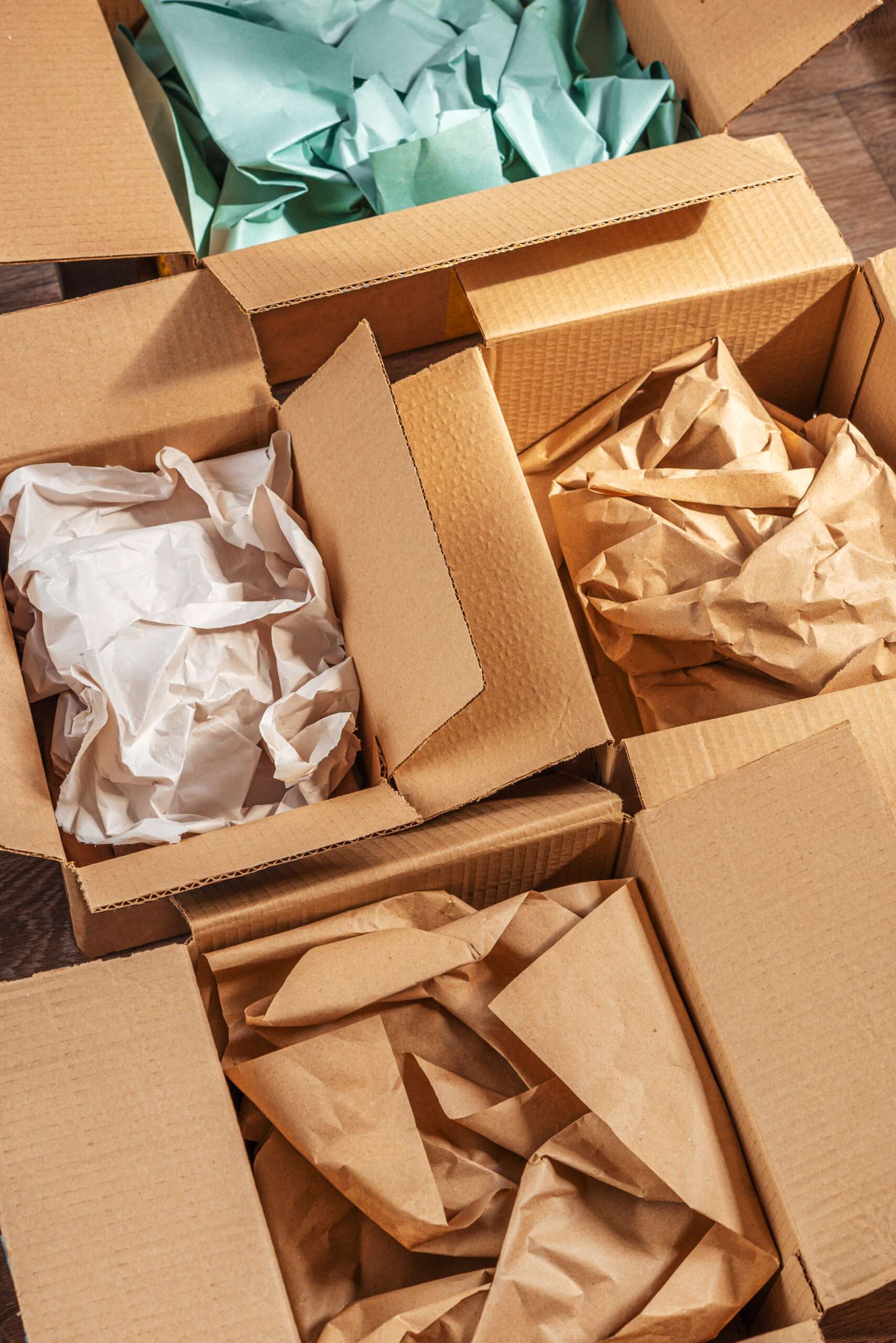 Recycled packaging ,Cardboard boxes with crumpled paper inside for packaging goods from online stores, eco friendly packaging made of recyclable raw materials